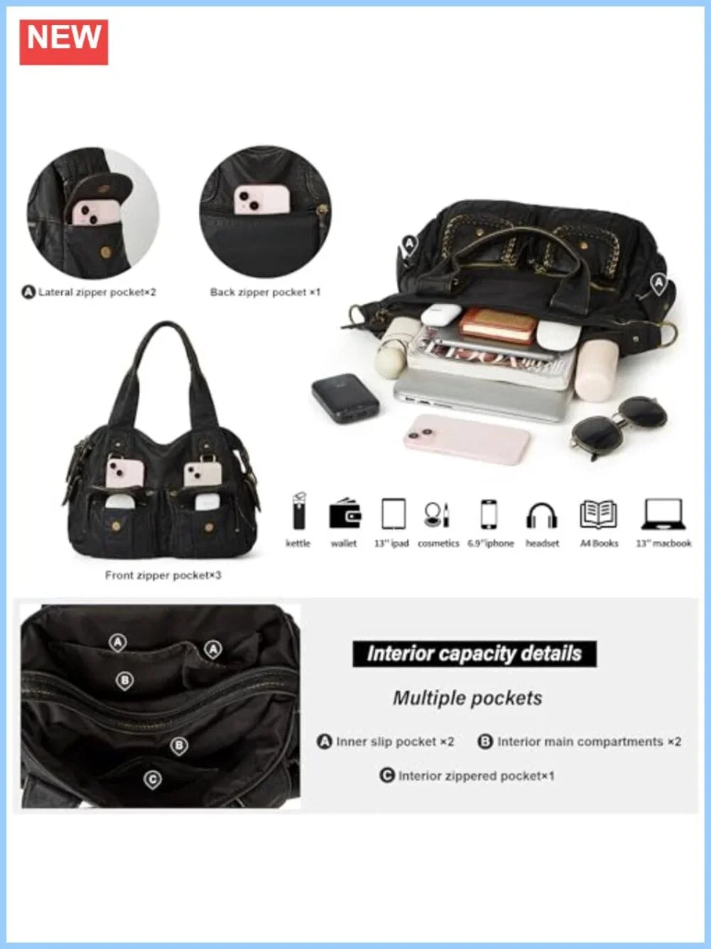 Women's Hobo Purse Vegan Leather Multi Pocket Tote Shoulder Bag
